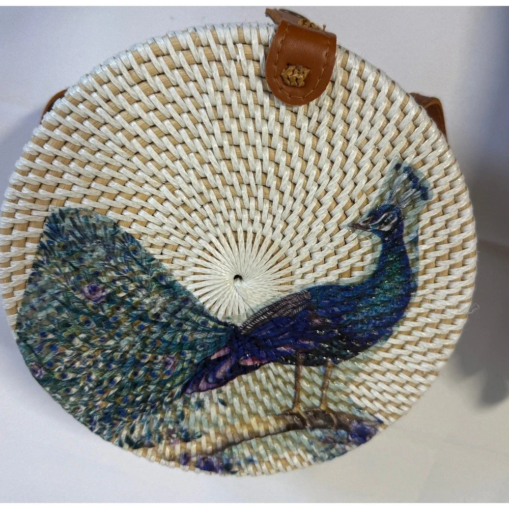 Balachica White Rattan Round Peacock Crossbody Bag Hand Painted Woven 15cm Purse